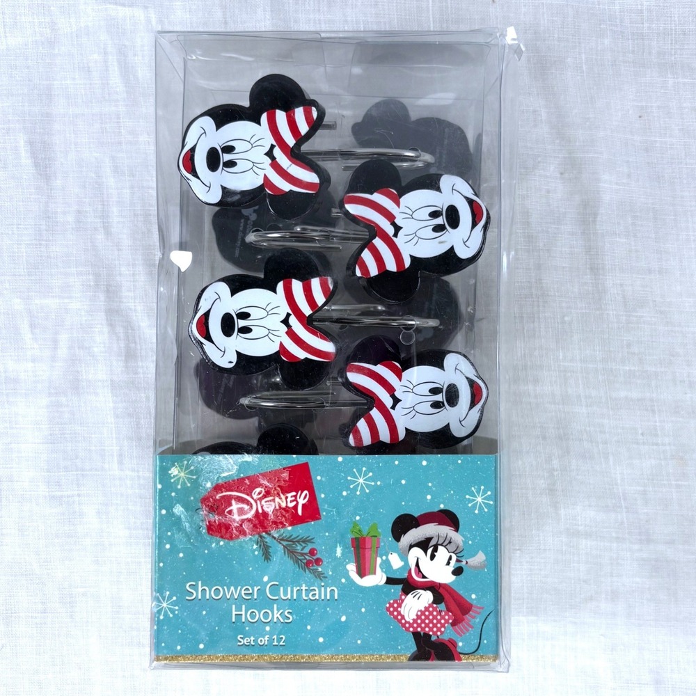 Disney Minnie Mouse Holiday Peppermint Bow Shower Curtain Hooks Set of 12 NEW